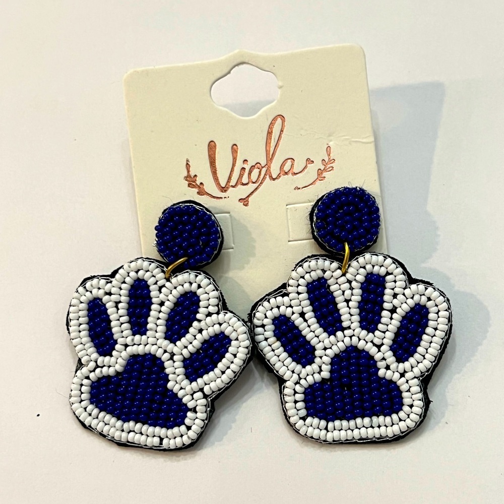 Viola Blue and White Beaded Paw Earrings
